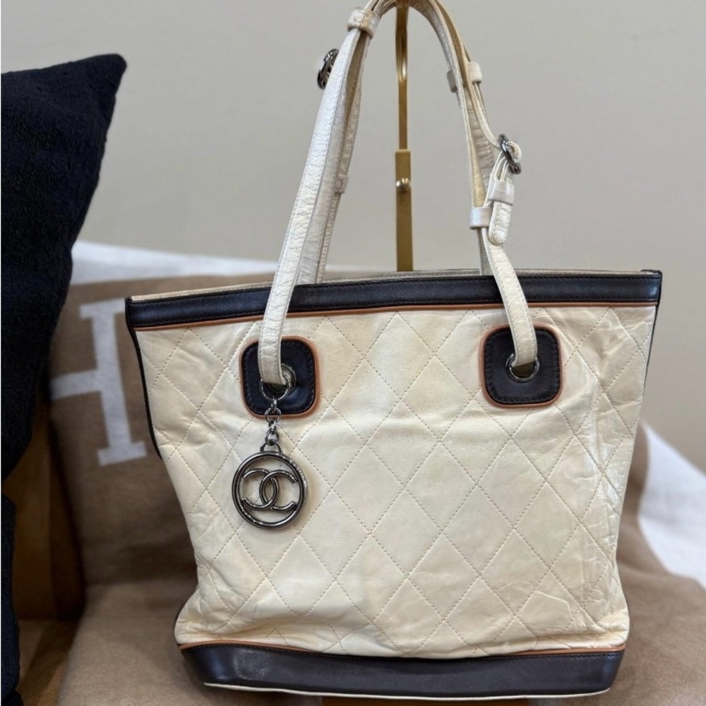 CHANEL Vintage RARE Cream and Black Accents Brown Leather Trim Flat Quilted Tote